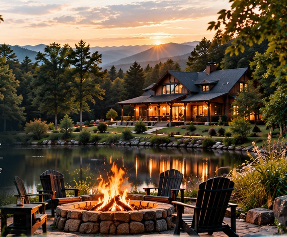 A nature-centered sanctuary beside a lake, with a fire pit and mountain views