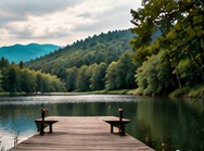 A quiet dock overlooking a mountain lake