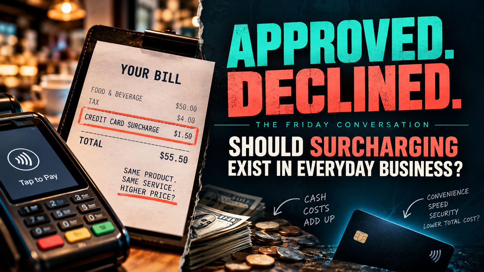 Cover artwork for Approved. Declined. Episode 01: Surcharging — The Payments Industry's Dirty Little Secret.