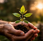 Hands nurturing a young seedling